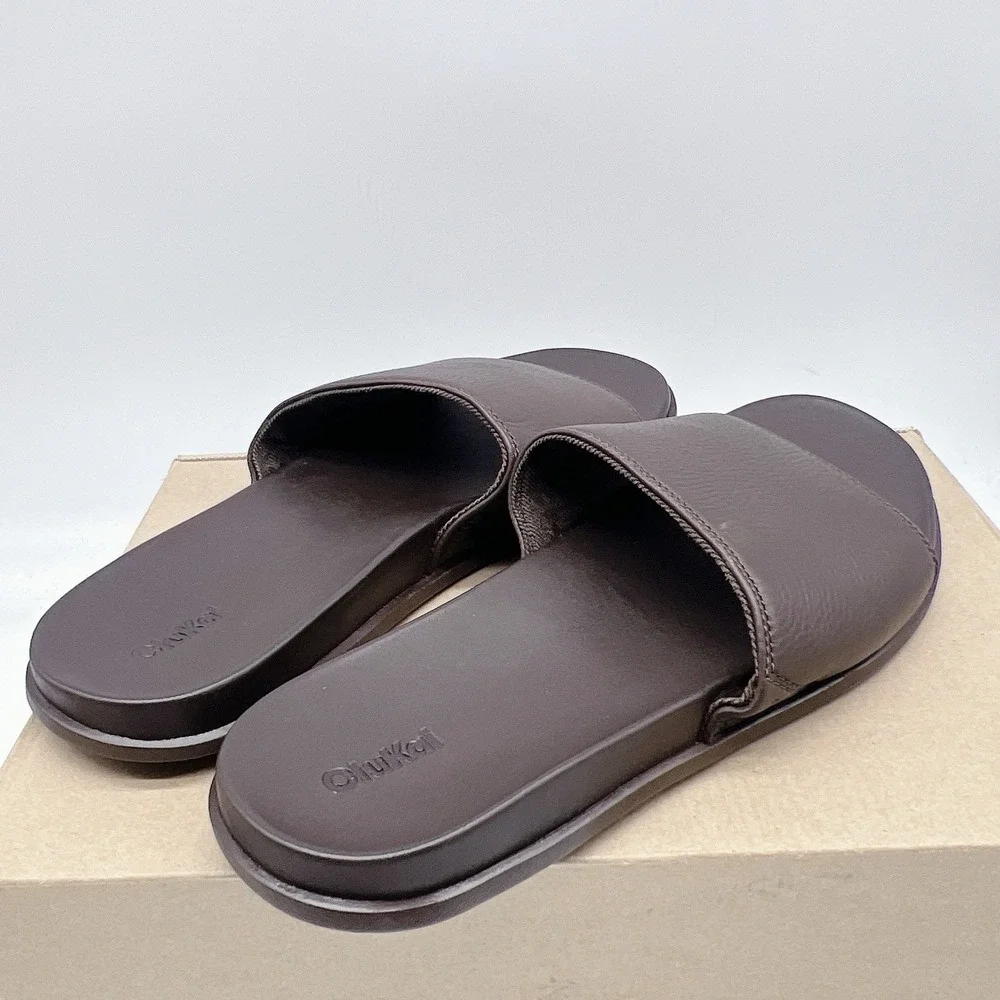 Olukai Olali Men's Slides Sandals Dark Java Brown Leather Size EU 45 US 12 NEW